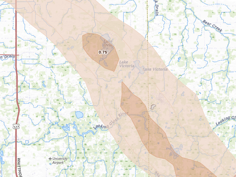Radar-estimated hail-size map of the storm over Laingsburg, MI on Jul 15, 2026