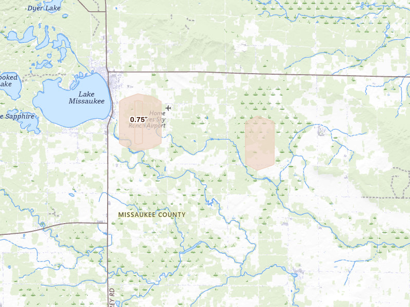 Radar-estimated hail-size map of the storm over Lake City, MI on Mar 8, 2026