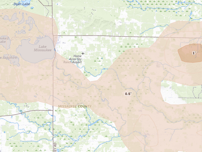 Radar-estimated hail-size map of the storm over Lake City, MI on Mar 30, 2026