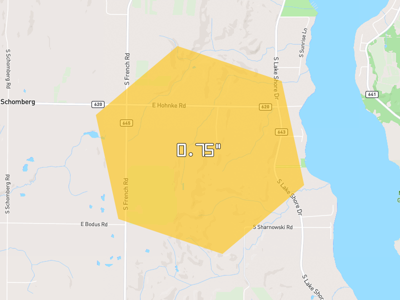 Hail map of Lake Leelanau, MI on Jul 13, 2026, hail up to 0.75"