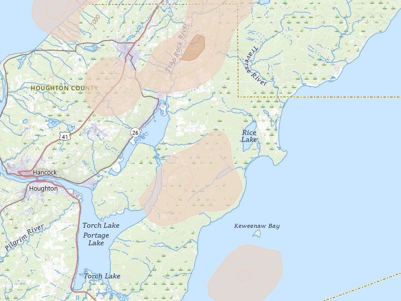 Radar-estimated hail-size map of the storm over Lake Linden, MI on Jul 12, 2026