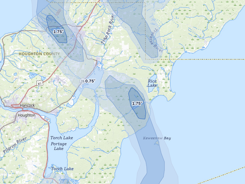 NEXRAD radar-signature map of the hail storm over Lake Linden, MI on Jul 12, 2026