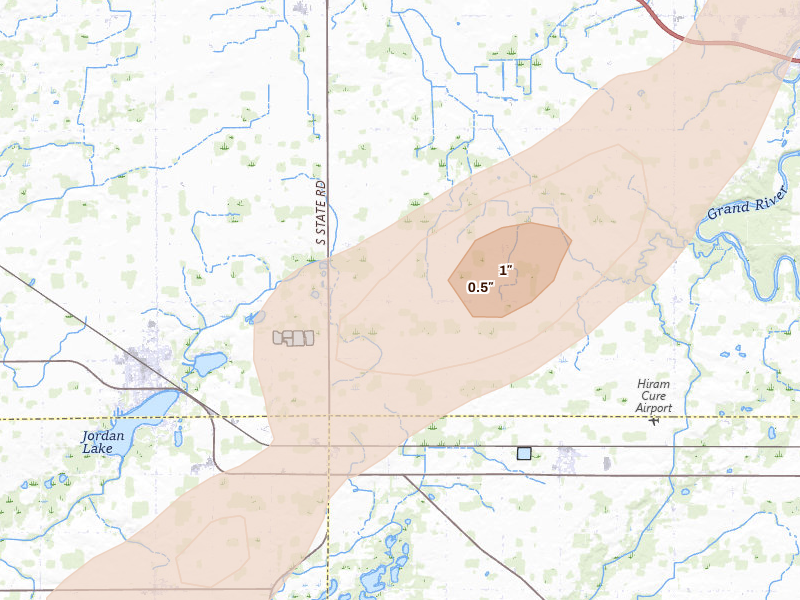 Radar-estimated hail-size map of the storm over Lake Odessa, MI on Apr 13, 2026
