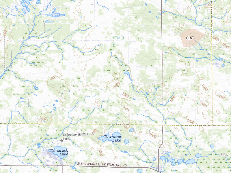 Radar-estimated hail-size map of the storm over Lakeview, MI on Mar 30, 2026