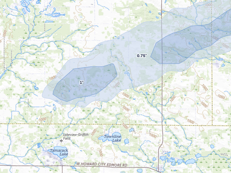 NEXRAD radar-signature map of the hail storm over Lakeview, MI on Mar 30, 2026