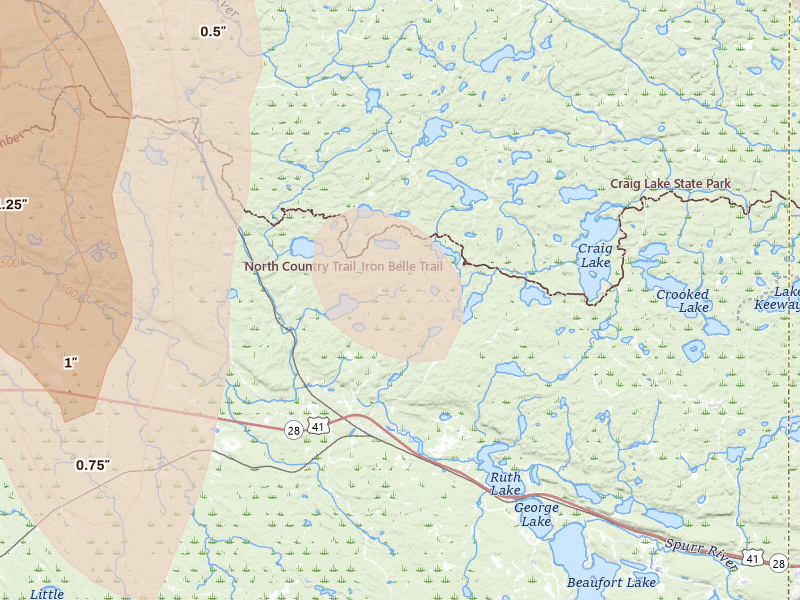 Radar-estimated hail-size map of the storm over Lanse, MI on Jul 12, 2026