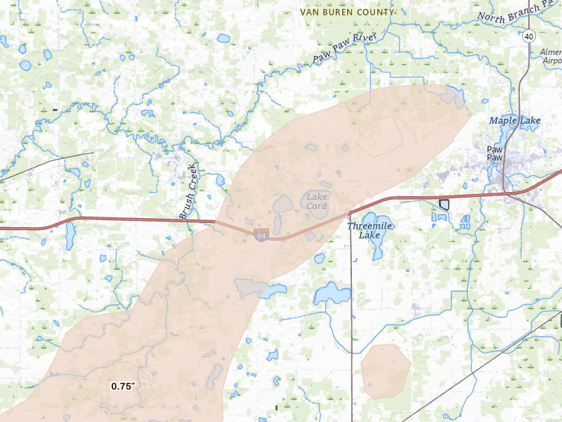 Radar-estimated hail-size map of the storm over Lawrence, MI on Jun 16, 2026