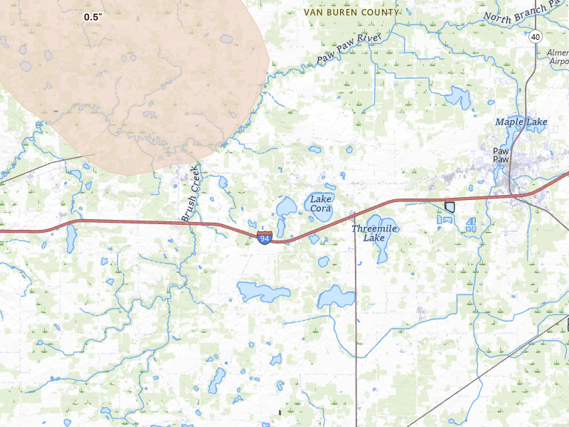 Radar-estimated hail-size map of the storm over Lawrence, MI on Jul 27, 2026