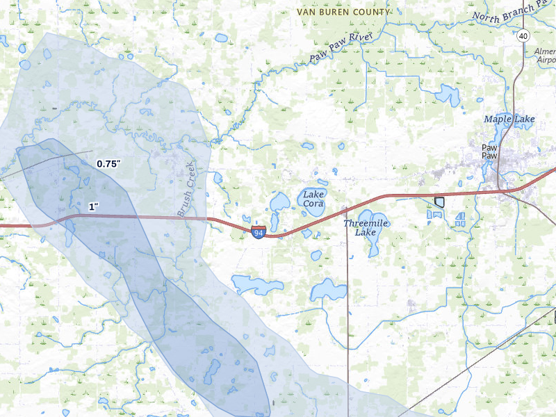 NEXRAD radar-signature map of the hail storm over Lawrence, MI on Jul 27, 2026