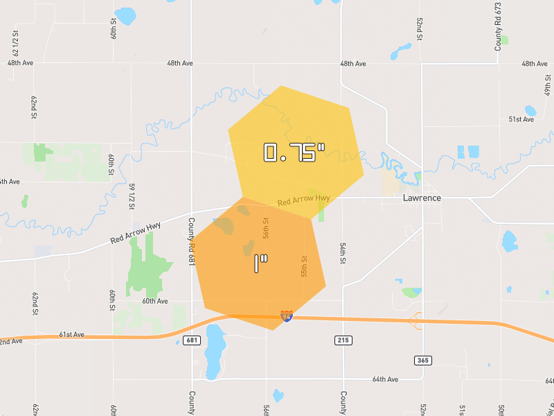 Hail map of Lawrence, MI on Jul 28, 2026, hail up to 1"