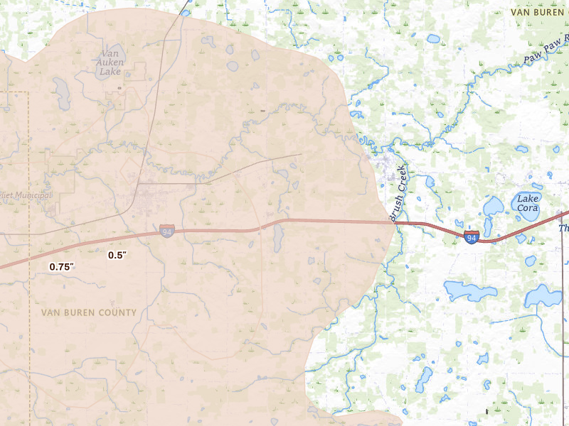 Radar-estimated hail-size map of the storm over Lawrence, MI on Aug 9, 2026