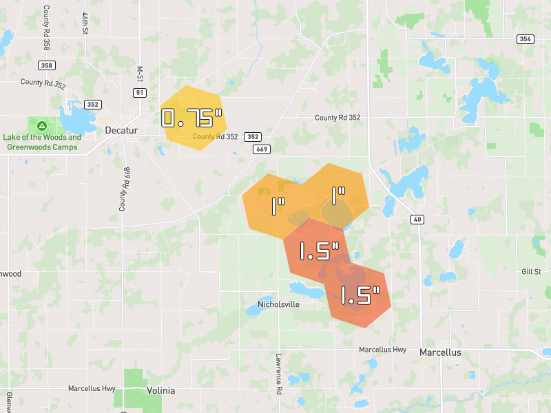 Hail map of Lawton, MI on Jul 28, 2026, hail up to 1.5"