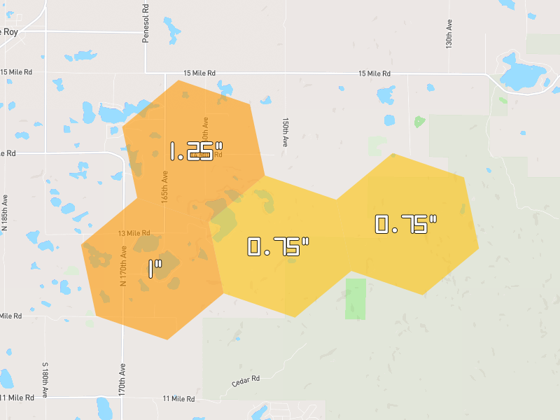 Hail map of Leroy, MI on Jul 1, 2026, hail up to 1.25"
