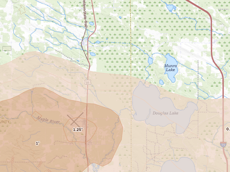 Radar-estimated hail-size map of the storm over Levering, MI on Jun 29, 2026