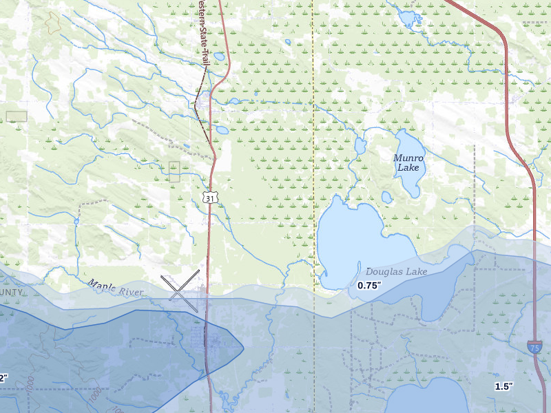 NEXRAD radar-signature map of the hail storm over Levering, MI on Jun 29, 2026
