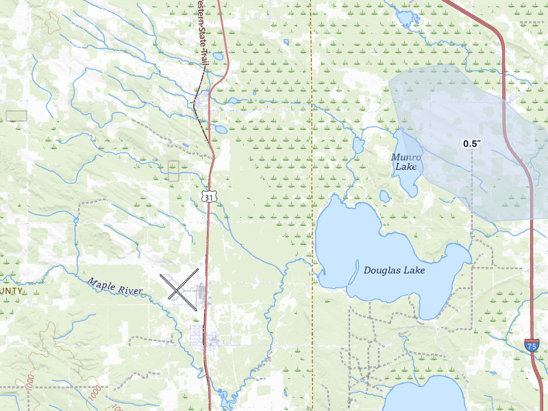 NEXRAD radar-signature map of the hail storm over Levering, MI on Jul 12, 2026