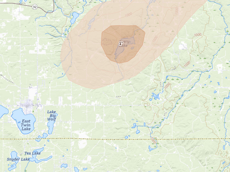 Radar-estimated hail-size map of the storm over Lewiston, MI on Jun 16, 2026