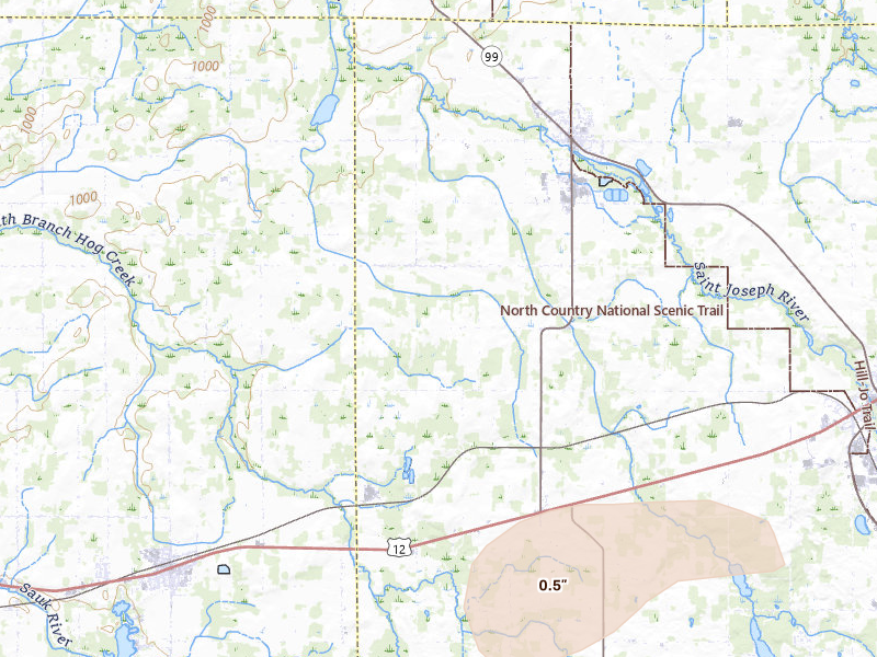 Radar-estimated hail-size map of the storm over Litchfield, MI on Jul 3, 2026