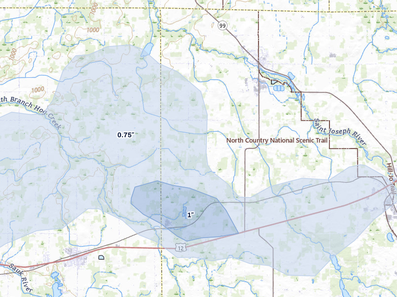 NEXRAD radar-signature map of the hail storm over Litchfield, MI on Jul 3, 2026