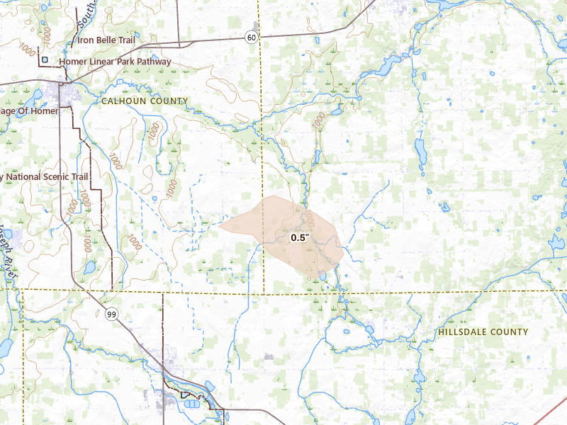 Radar-estimated hail-size map of the storm over Litchfield, MI on Sep 3, 2026