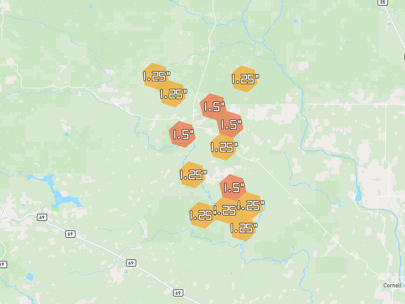 Hail map of Little Lake, MI on Jul 12, 2026, hail up to 1.5"