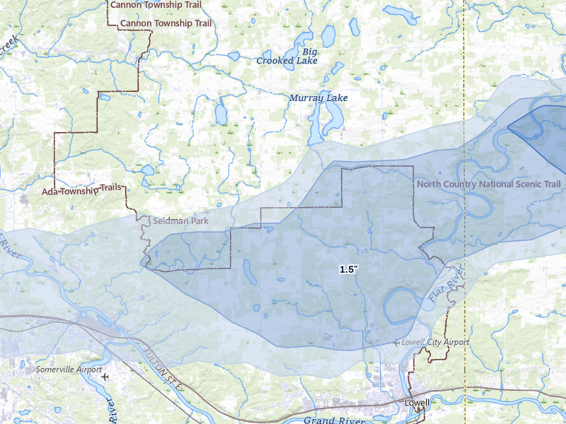 NEXRAD radar-signature map of the hail storm over Lowell, MI on May 15, 2026