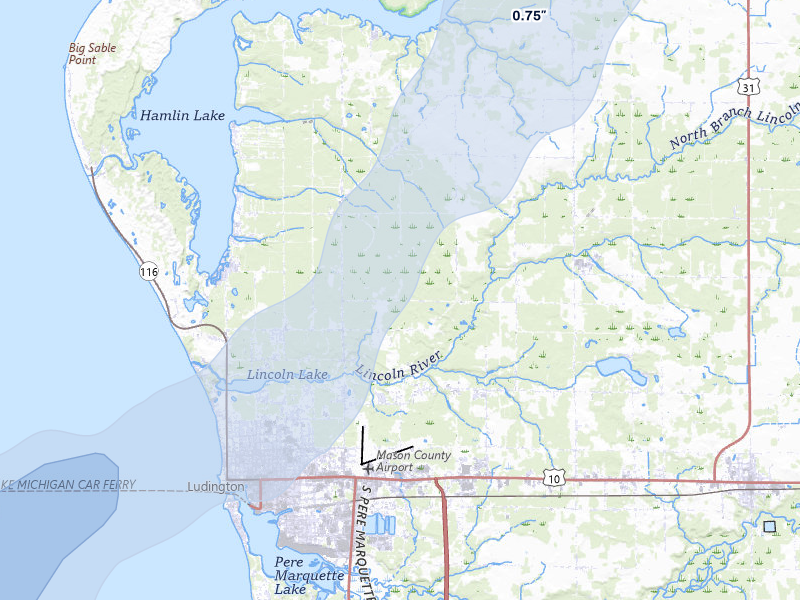 NEXRAD radar-signature map of the hail storm over Ludington, MI on Mar 6, 2026