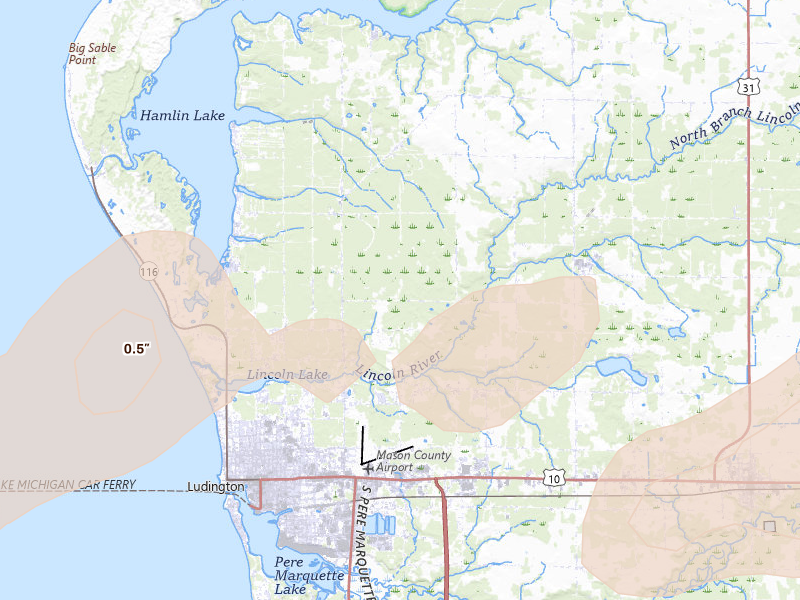 Radar-estimated hail-size map of the storm over Ludington, MI on Jul 1, 2026