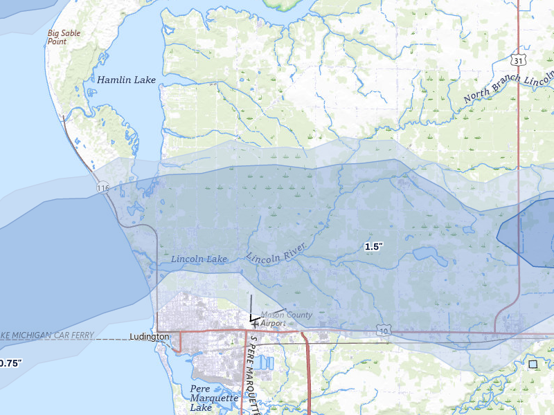 NEXRAD radar-signature map of the hail storm over Ludington, MI on Jul 1, 2026