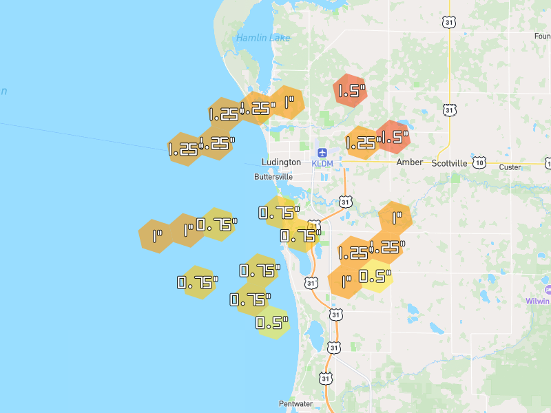 Hail map of Ludington, MI on Jul 1, 2026, hail up to 1.5"