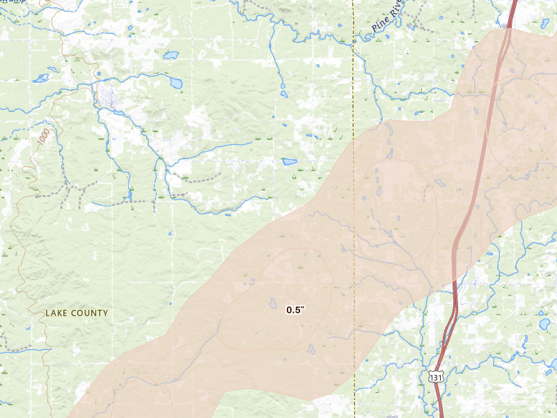 Radar-estimated hail-size map of the storm over Luther, MI on Apr 13, 2026