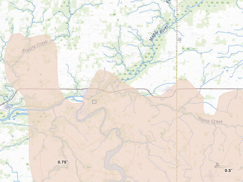 Radar-estimated hail-size map of the storm over Lyons, MI on May 15, 2026