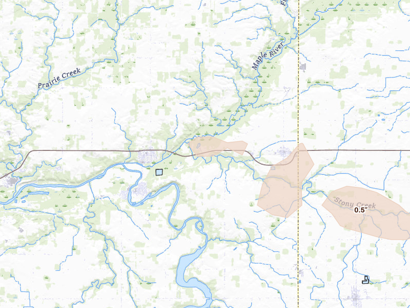 Radar-estimated hail-size map of the storm over Lyons, MI on Jul 9, 2026