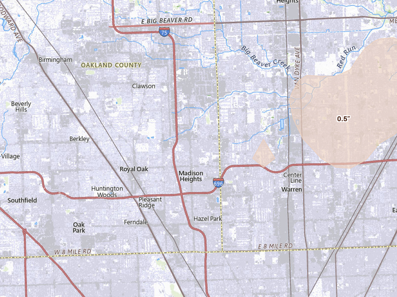 Radar-estimated hail-size map of the storm over Madison Heights, MI on Jun 10, 2026