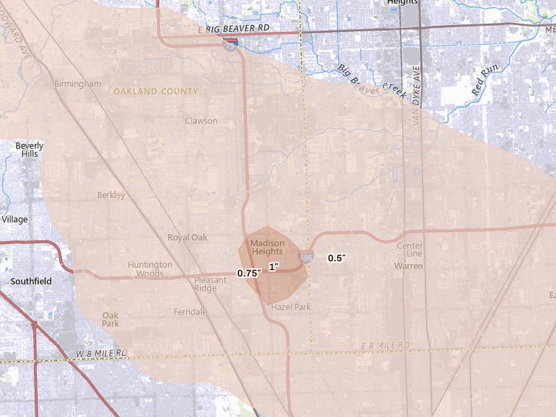 Radar-estimated hail-size map of the storm over Madison Heights, MI on Sep 2, 2026