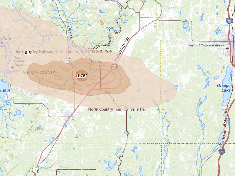 Radar-estimated hail-size map of the storm over Mancelona, MI on Jun 29, 2026