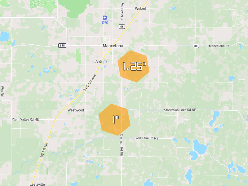 Hail map of Mancelona, MI on Jul 28, 2026, hail up to 1.25"