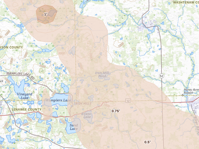 Radar-estimated hail-size map of the storm over Manchester, MI on Jul 27, 2026