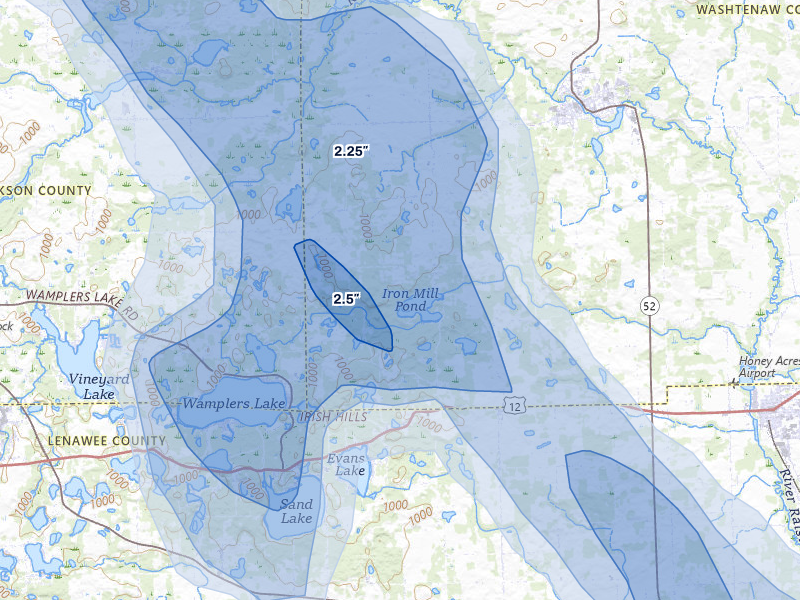 NEXRAD radar-signature map of the hail storm over Manchester, MI on Jul 27, 2026
