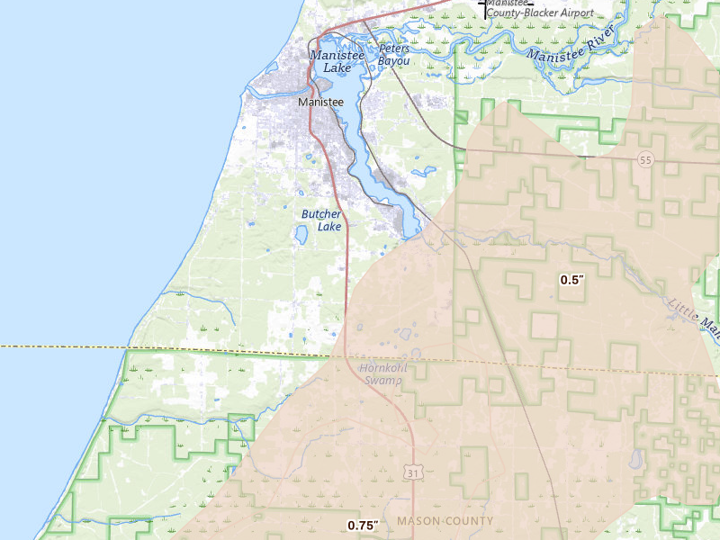 Radar-estimated hail-size map of the storm over Manistee, MI