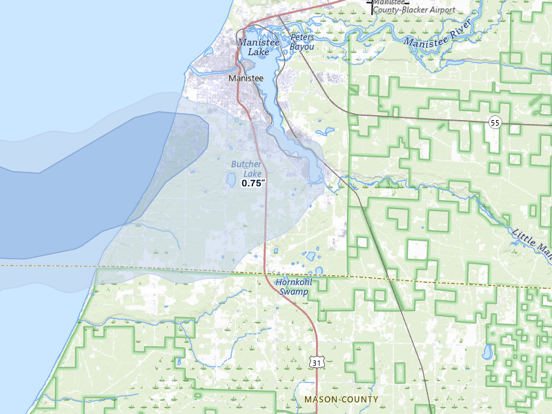 NEXRAD radar-signature map of the hail storm over Manistee, MI on Jun 30, 2026