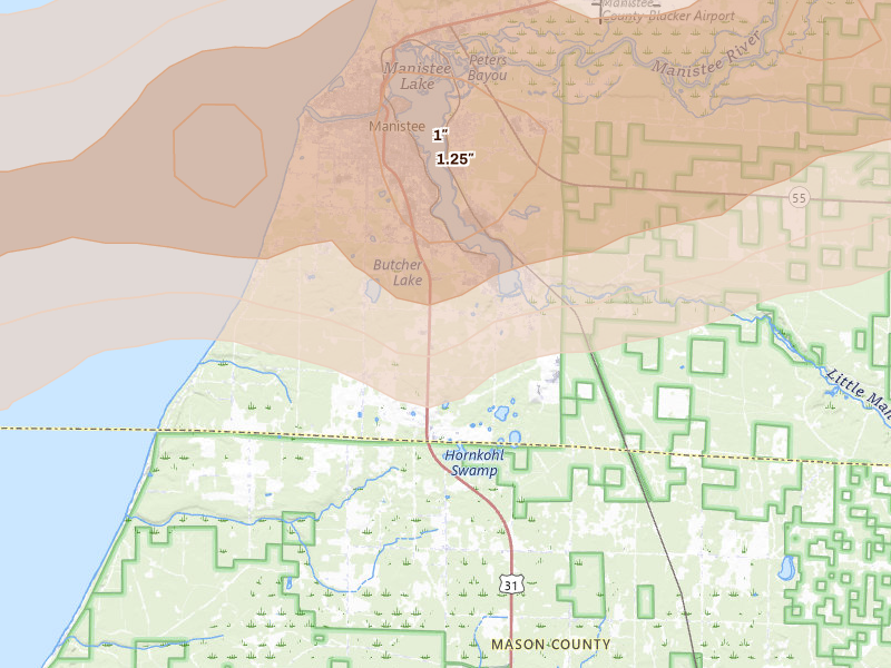 Radar-estimated hail-size map of the storm over Manistee, MI on Jul 1, 2026