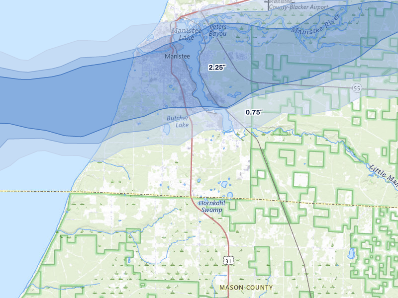 NEXRAD radar-signature map of the hail storm over Manistee, MI on Jul 1, 2026