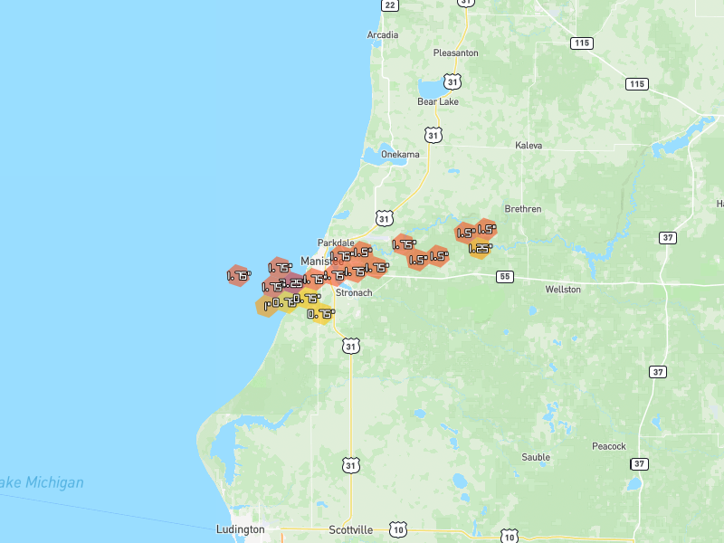 Hail map of Manistee, MI on Jul 1, 2026, hail up to 2.25"