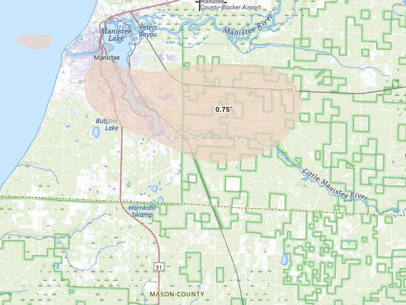 Radar-estimated hail-size map of the storm over Manistee, MI