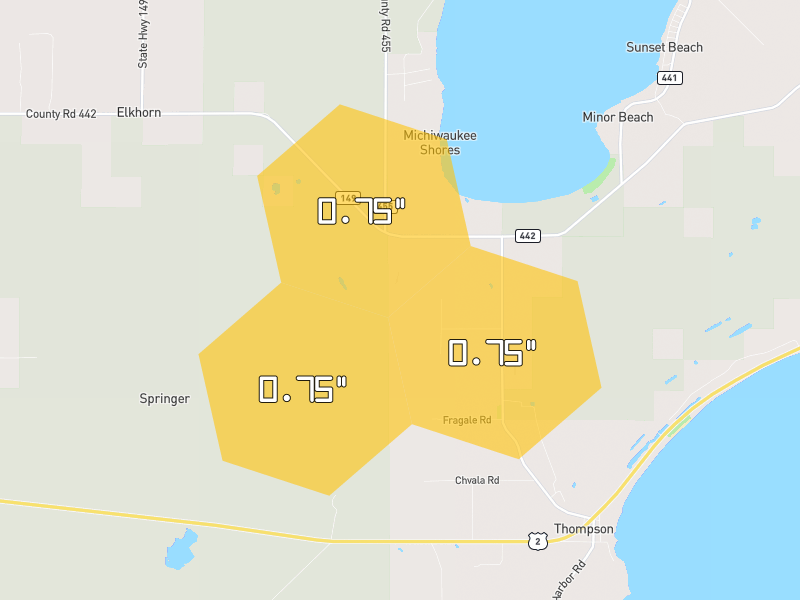 Hail map of Manistique, MI on Jul 13, 2026, hail up to 0.75"