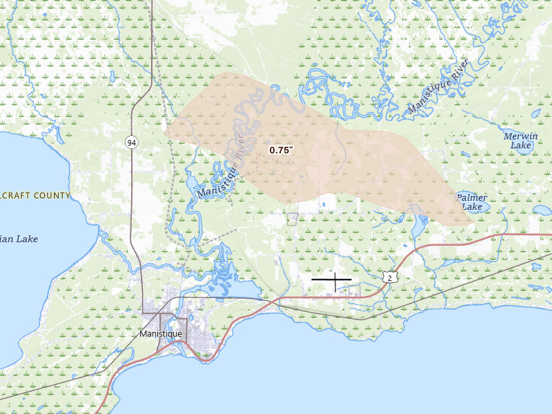 Radar-estimated hail-size map of the storm over Manistique, MI on Aug 18, 2026