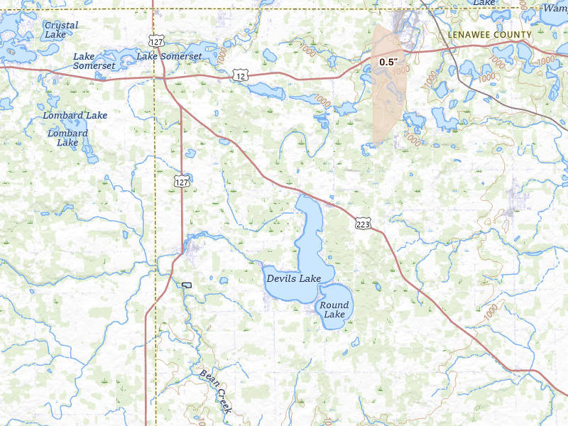 Radar-estimated hail-size map of the storm over Manitou Beach, MI on Apr 22, 2026