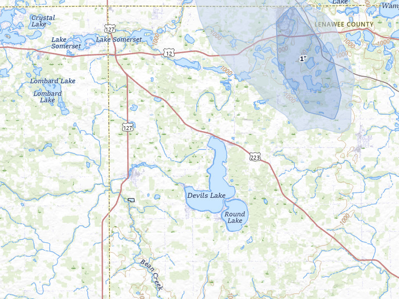 NEXRAD radar-signature map of the hail storm over Manitou Beach, MI on Apr 22, 2026