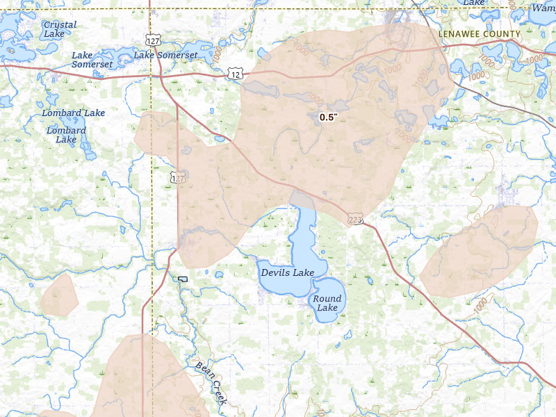 Radar-estimated hail-size map of the storm over Manitou Beach, MI on Aug 9, 2026